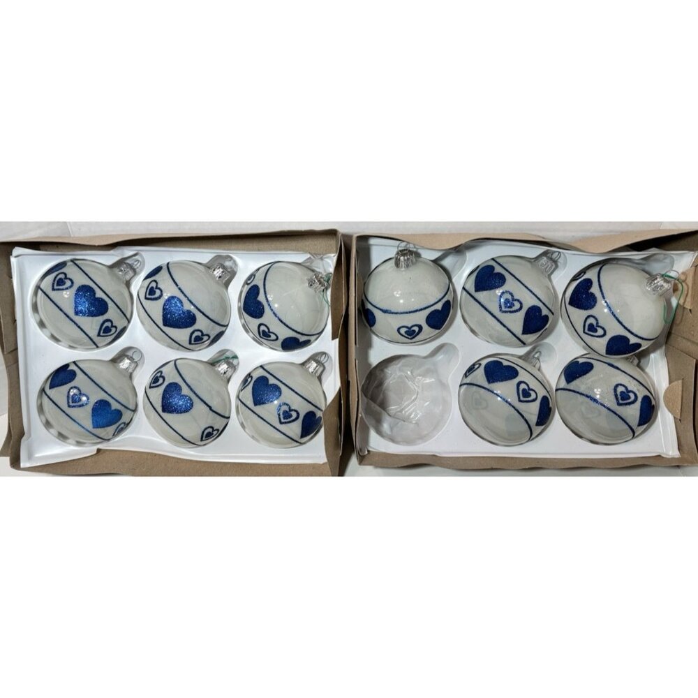 11 Vitbis Christmas Glass Ornaments Blue And White Glitter Heart Pattern - Picture 1 of 6